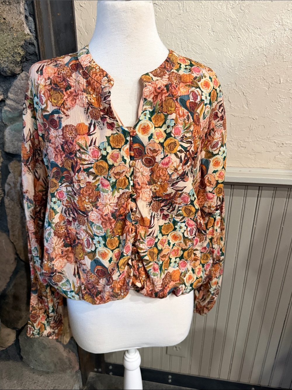 Hayden Floral Button-Front Blouse in Pink, Mustard & Green